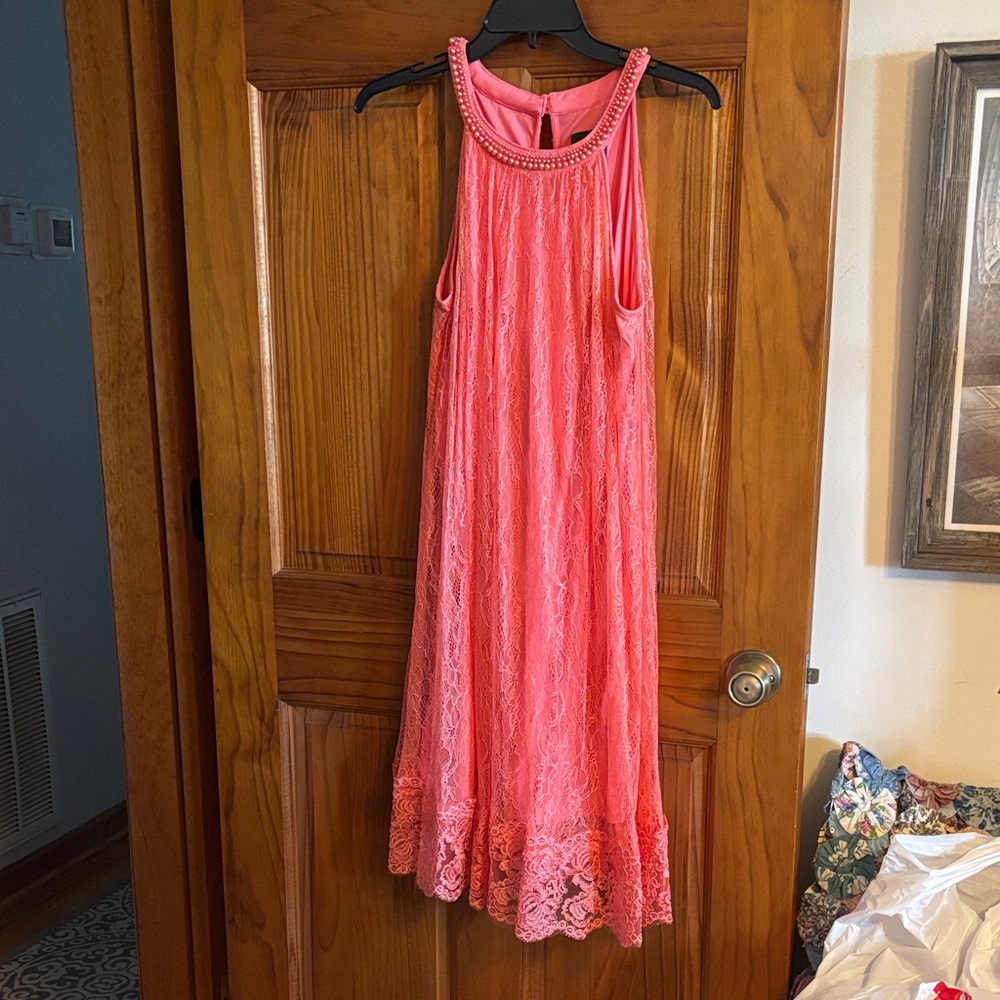 Adrianna Papell Coral Pink Asymmetrical Lace Dress